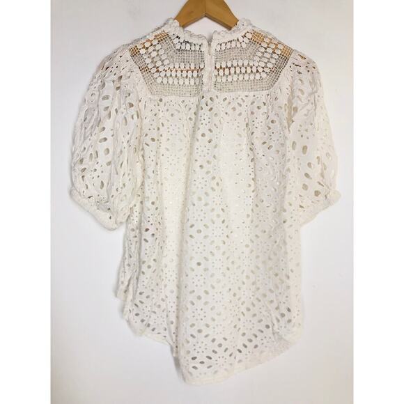 AllSaints Tila Top Broderie Embellished Sheer Puff Sleeve Cotton Blouse White 6 - Picture 4 of 9